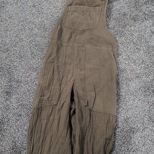 Aerie Relaxed Muslin Gauzy Cotton Rolled Leg Overalls Washed Olive Light Small